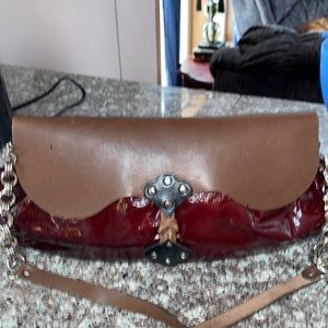 One of a kind artisan handbag leather and patent leather Ox blood color